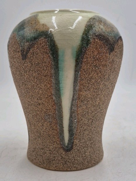lot 48 image: Vintage Ceramic Vase  Mottled Brown and Green Glaze with Crackle Accents