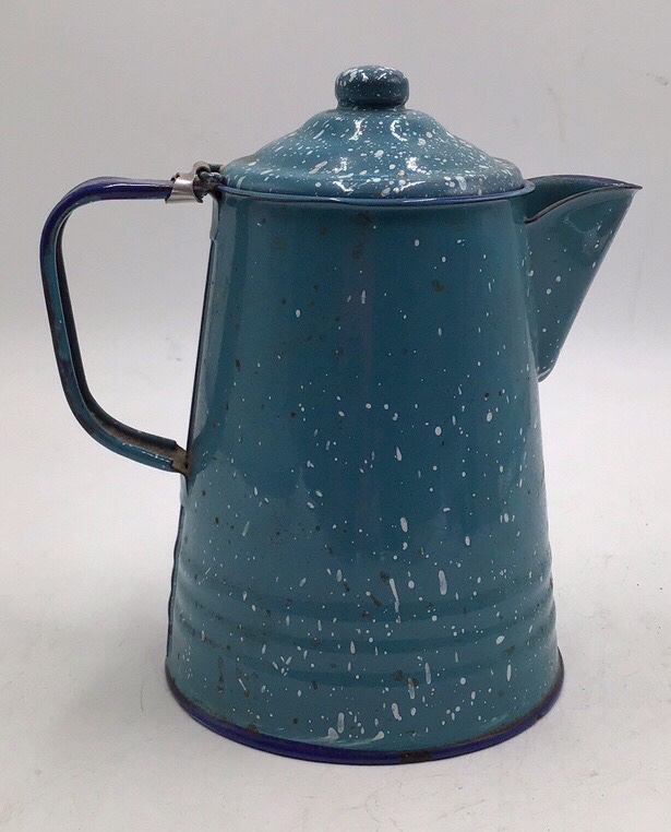 lot 5 image: Vintage Blue Speckled Enamel Coffee Pot  Graniteware with Bail Lid