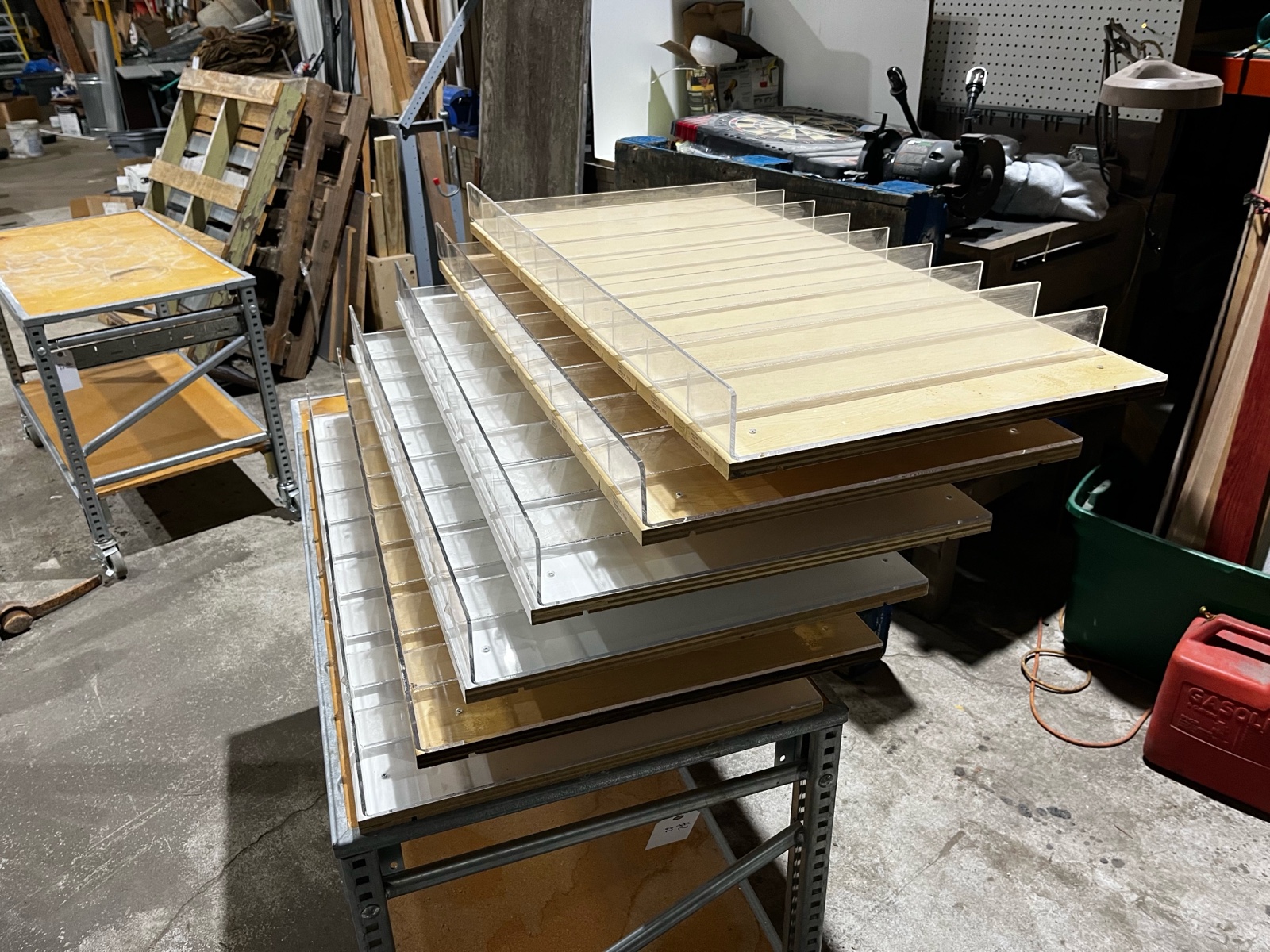 lot 10 image: Retail Merchandising Display Shelves w Clear Plexiglass Dividers & Front Rails  Modular Store Display Lot