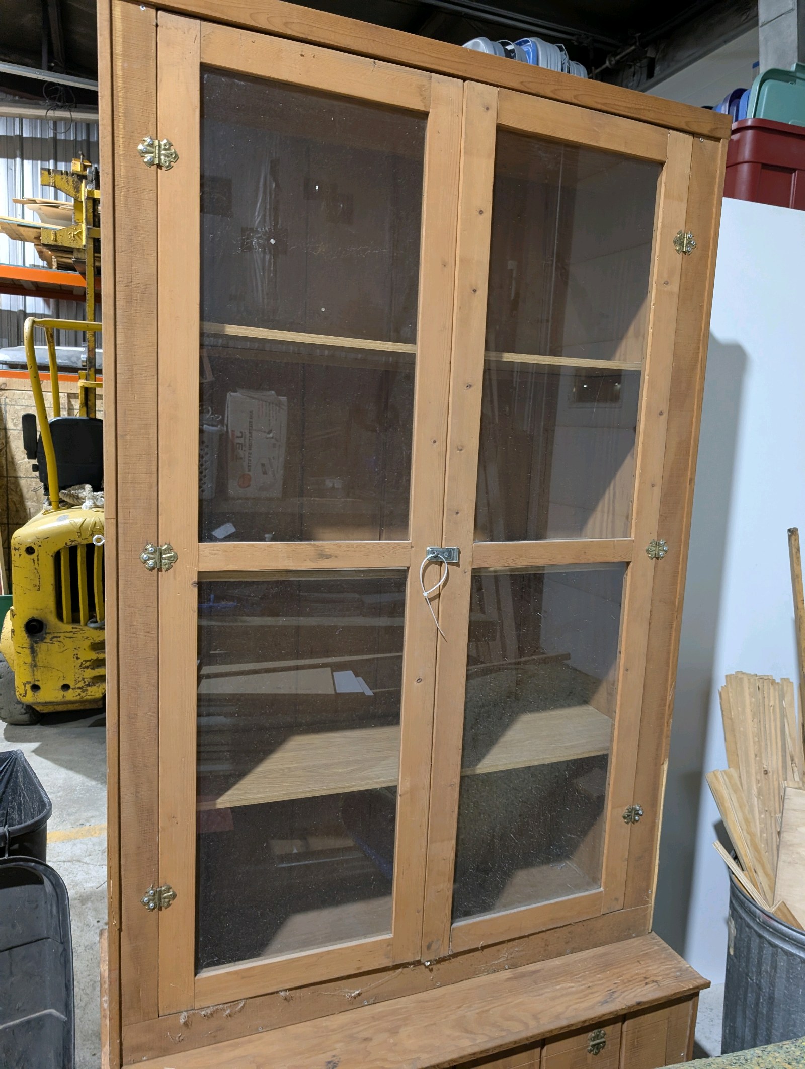 lot 57 image: Vintage Custom Wood Display Cabinet w Glass Doors & Storage Base  6ft Tall  Rustic  Primitive Style