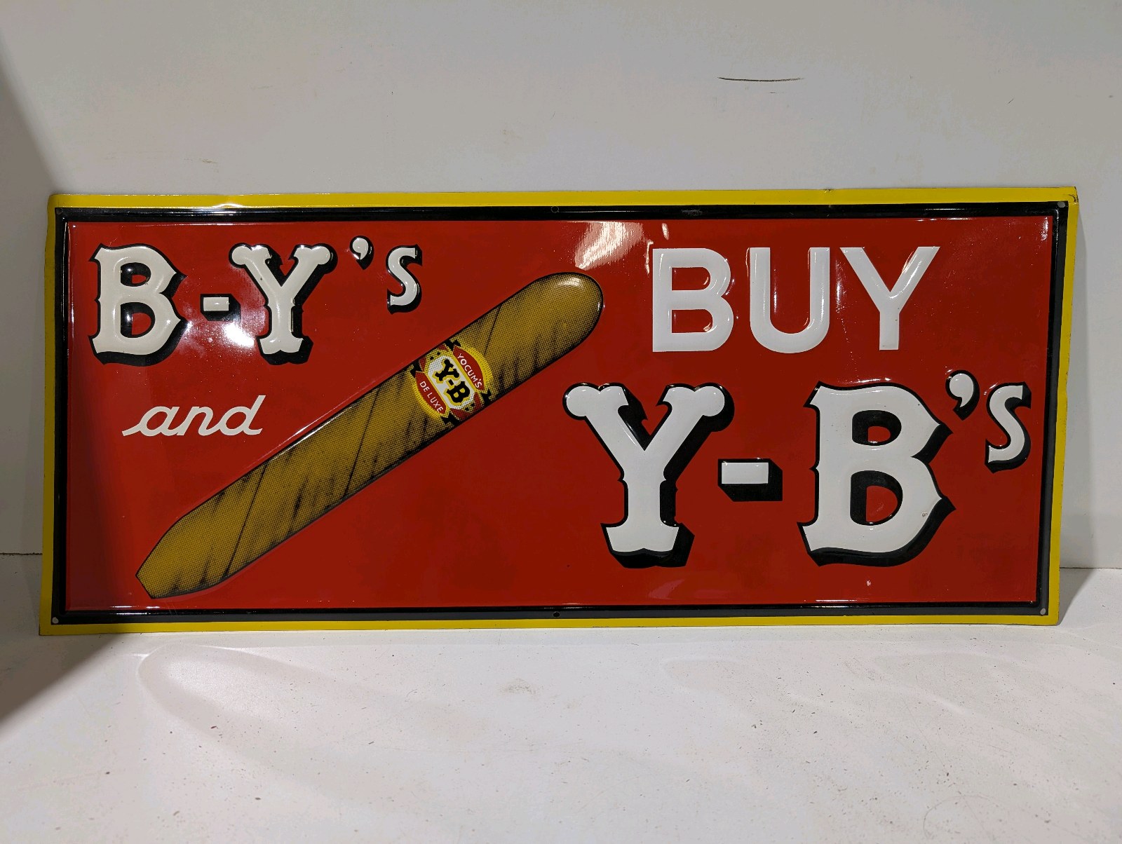 lot 61 image: Vintage Buy Y-Bs Cigar Advertising Metal Sign  Colorful Tin Litho Tobacco Sign  28x12
