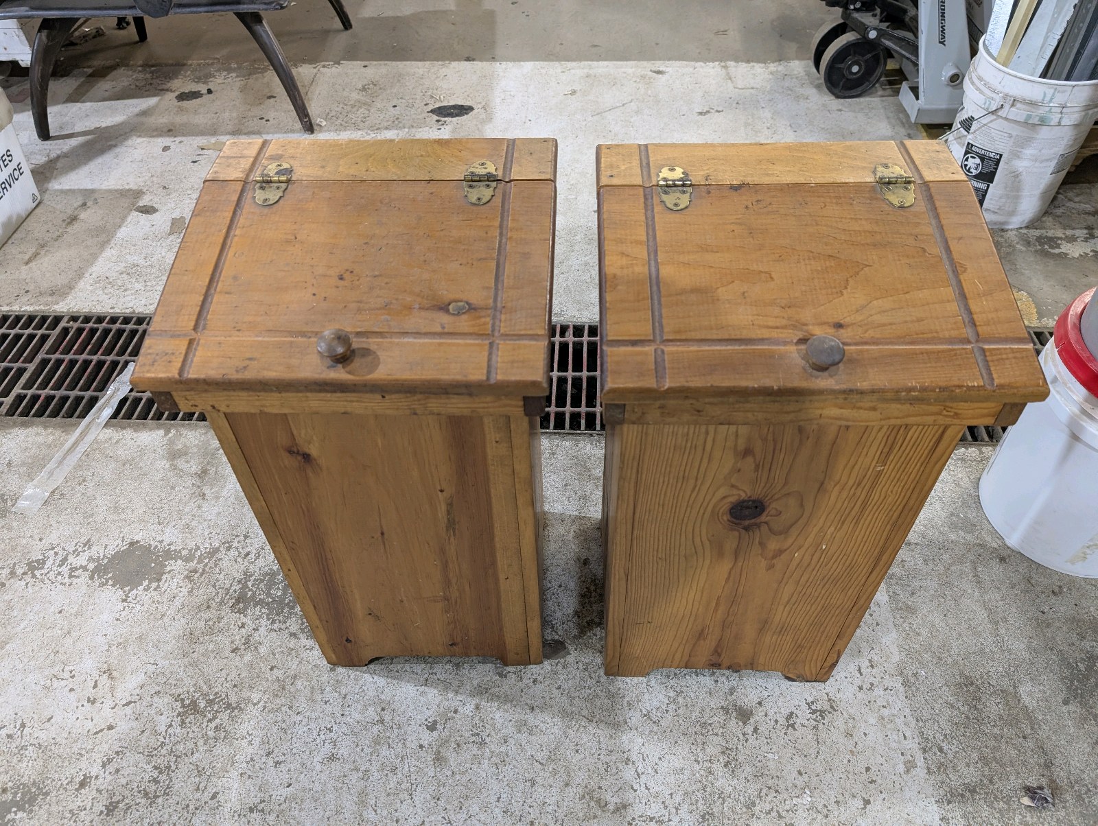 lot 68 image: Rustic Wooden Storage Bins  Trash Receptacles w Hinged Lids  Removable Tops  Set of 2