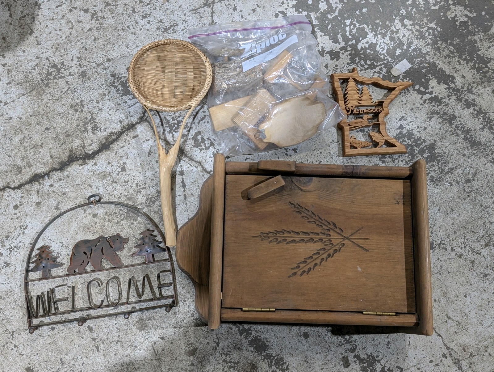 lot 75 image: Vintage Northwoods Cabin Decor Lot  Welcome Wall Art, Wooden Tray, MN Wall Hanging, Rustic Crafts & Basket