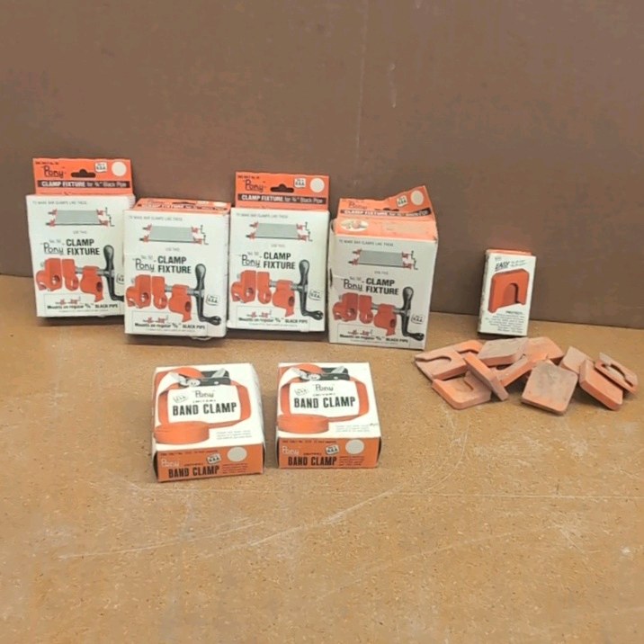 (4) PONY clamp fixtures. (2) Band clamps, steel t-bar clamps.