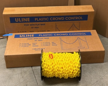 (2) U-LINE Crowd Control Stands 3361 Reel of yellow plastic chain links.