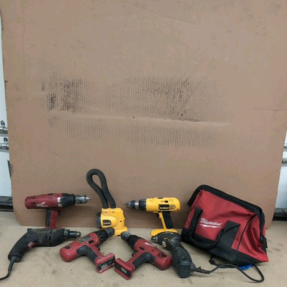 (3) MILWAUKEE hammer drills, DeWalt drill, light, Skil Drill, Mastercraft drill