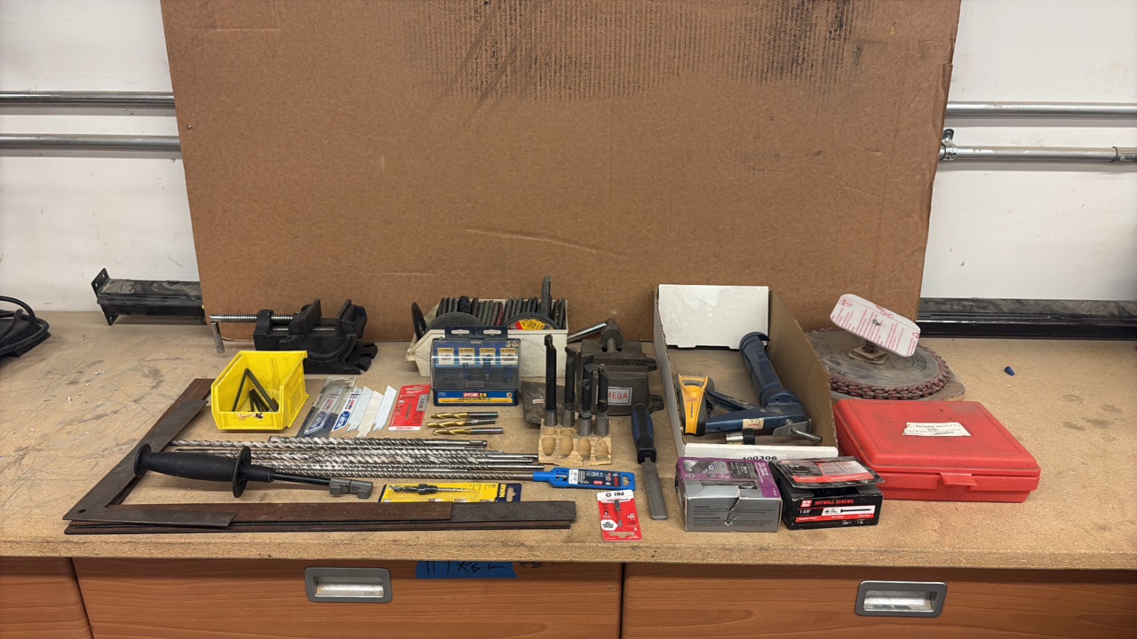 (2) VISES, precision parallel set, drill bits, grinder discs, saw blades L rulers, hacksaw blades, hardware
