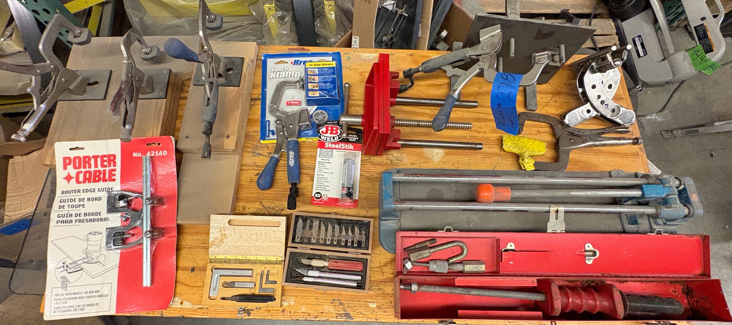 Clamps, router edge guide, Xacto, Machinist square