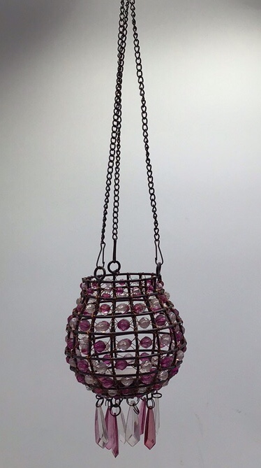 lot 106 image: Hanging Beaded Candle Holder  Purple and Clear Crystal Sphere