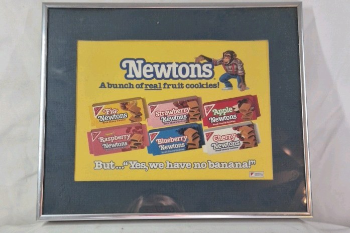 lot 11 image: Framed Nabisco Newtons Advertisement Print  Fruit Flavors with Monkey Mascot