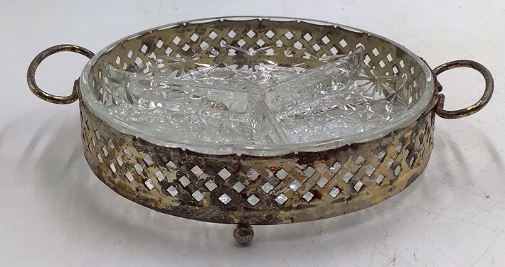 lot 112 image: Vintage Glass Relish Tray  Starburst Pattern with Brass Holder