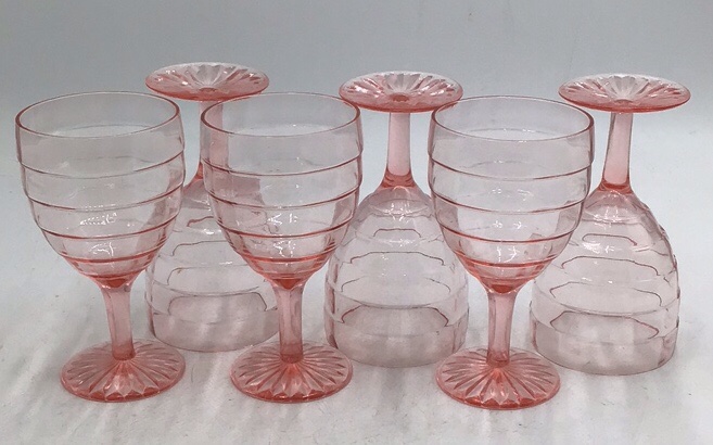 lot 129 image: Vintage Pink Depression Glass Goblets  Ribbed Bowl and Fan Base