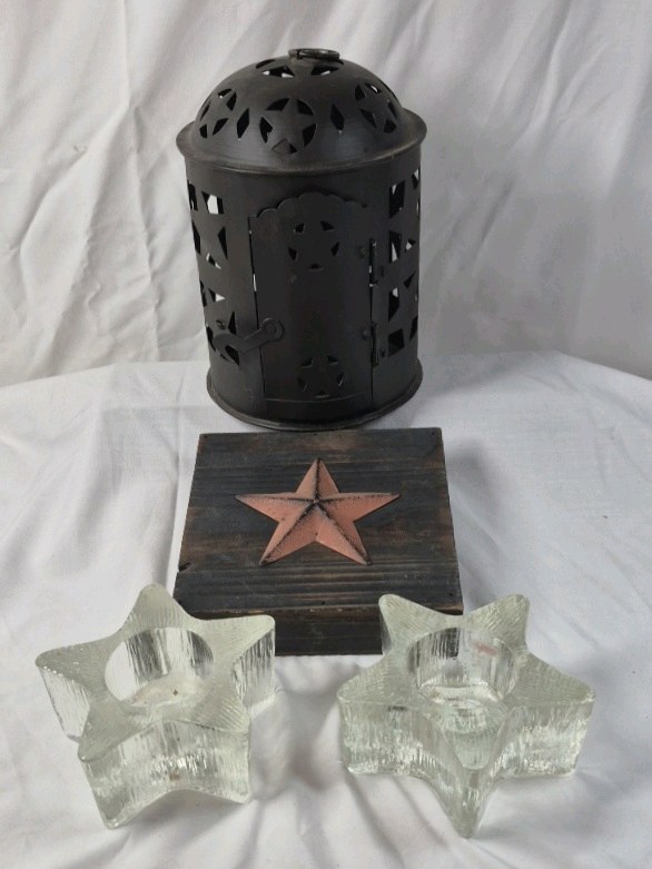 lot 133 image: Vintage Metal Lantern  Star Cutout Design with Candle Holders