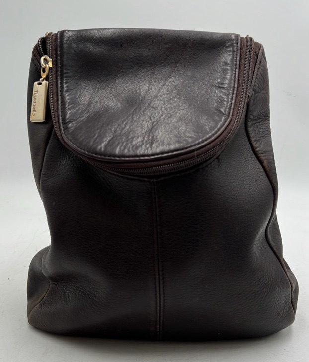 lot 143 image: Vintage Leather Backpack  Dark Brown Pebbled Leather with Flap and Zipper