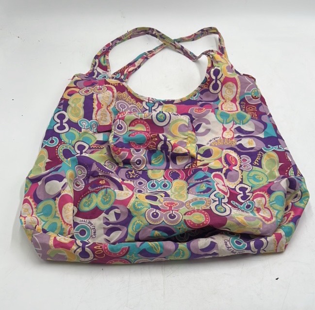 lot 153 image: Vintage Coach Tote Bag  Multicolor Psychedelic Poppy Print Nylon with Pouch