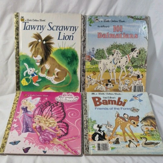 lot 179 image: Little Golden Books Set  Tawny Scrawny Lion, 101 Dalmatians, Barbie Mariposa, Bambi Friends of the Forest