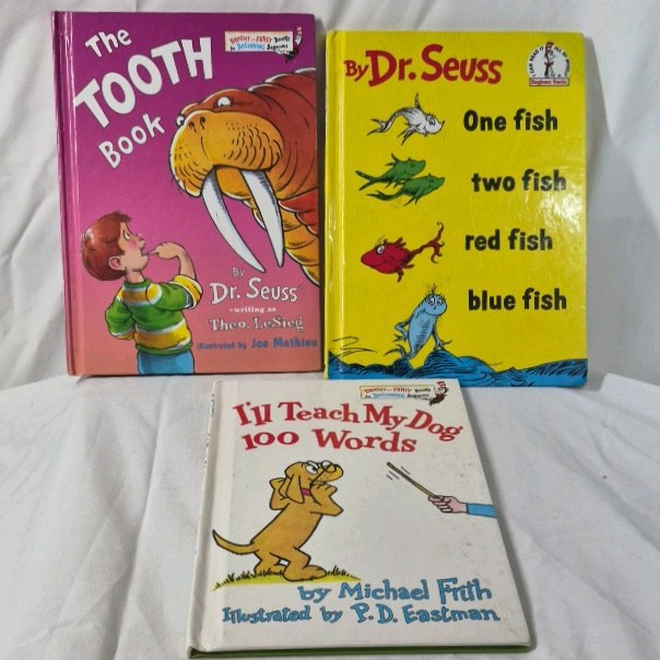 lot 183 image: Dr. Seuss Beginner Books Set  The Tooth Book, One Fish Two Fish, Ill Teach My Dog 100 Words