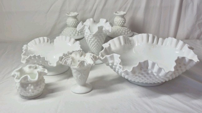 lot 200 image: Vintage Fenton Hobnail Milk Glass Vases and Bowls
