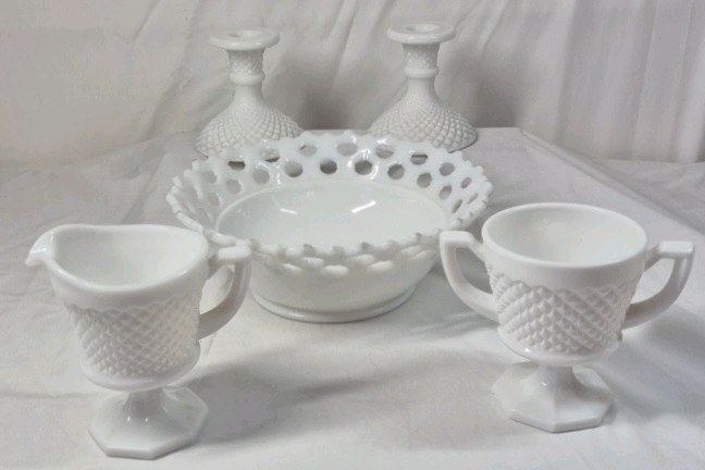 lot 201 image: Fenton Hobnail Milk Glass Table Set  Creamer, Sugar, Bowl, Candlesticks