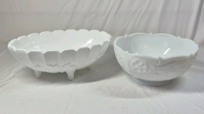 lot 202 image: Fenton Milk Glass Bowls  Ruffled and Grape Pattern