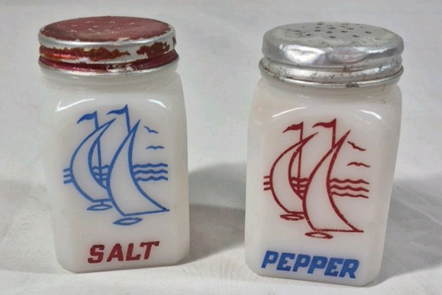 lot 205 image: Vintage Sailboat Salt and Pepper Shakers  Milk Glass