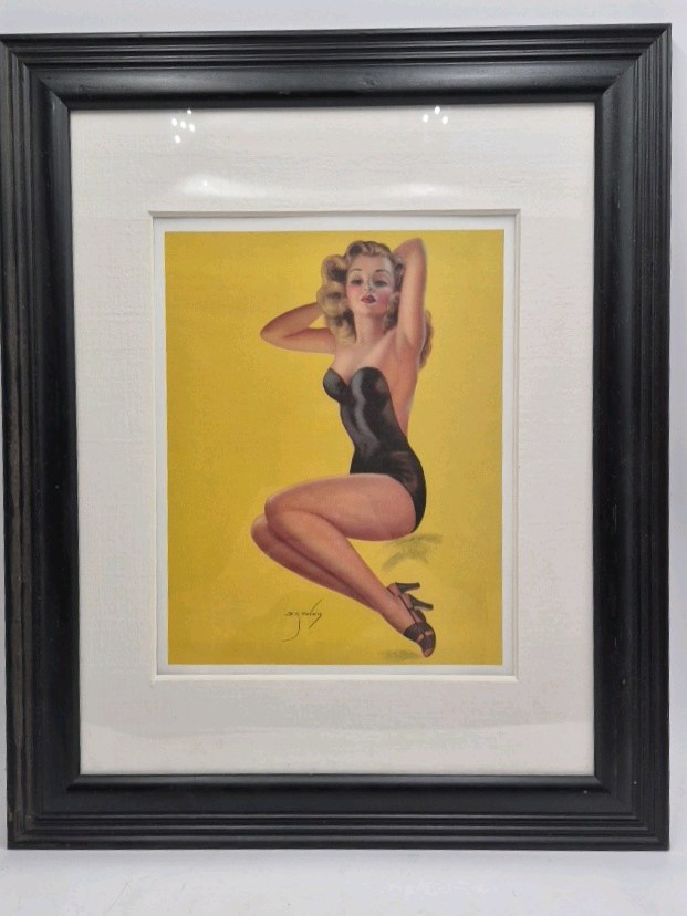 lot 21 image: Framed Pin-Up Print  Blonde in Black Swimsuit Signed Billy De Vorss