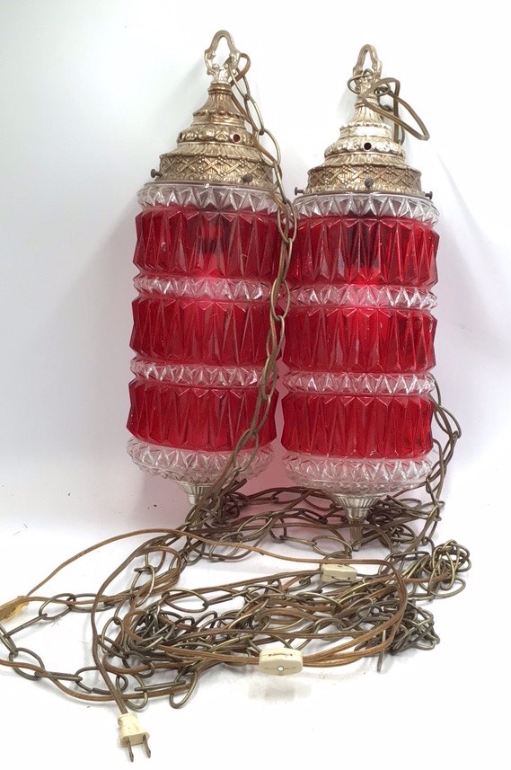 lot 226 image: Vintage Hanging Swag Lamps  Red Glass with Brass Accents
