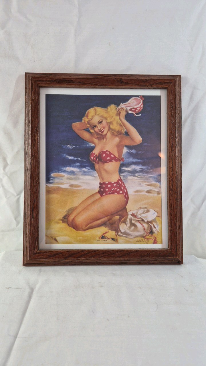 lot 23 image: Framed Pin-Up Print  Blonde in Red Polka Dot Bikini on Beach