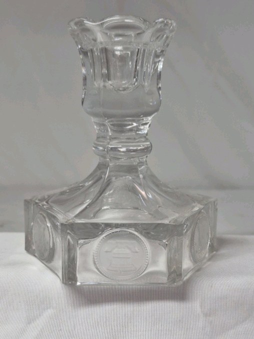 lot 236 image: Vintage Glass Candlestick  Hexagonal Base with Coin Medallions
