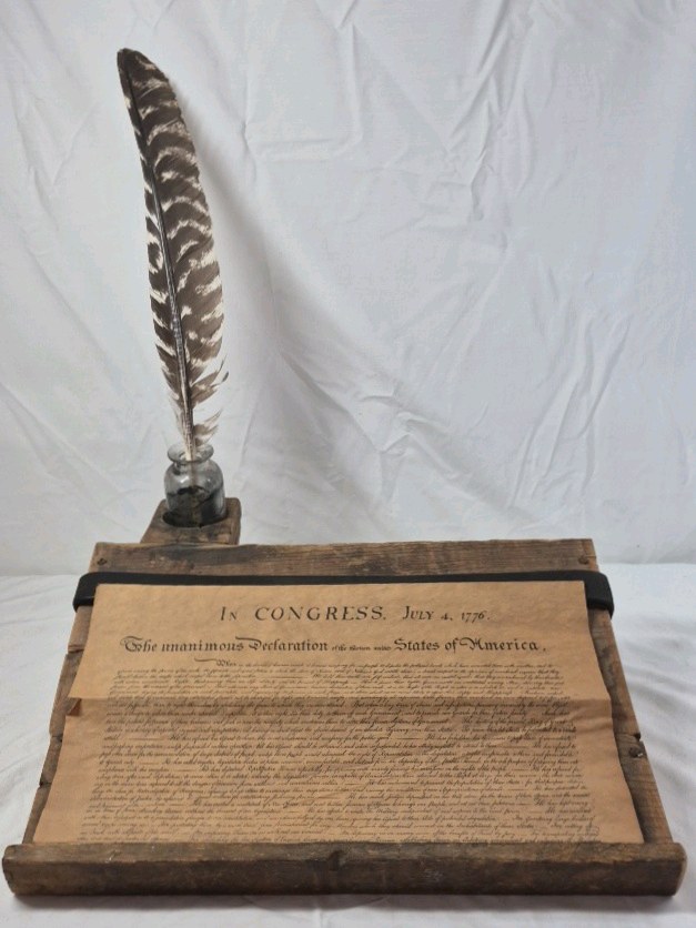 lot 239 image: Vintage Wooden Desk Stand with Quill Pen and Declaration Replica