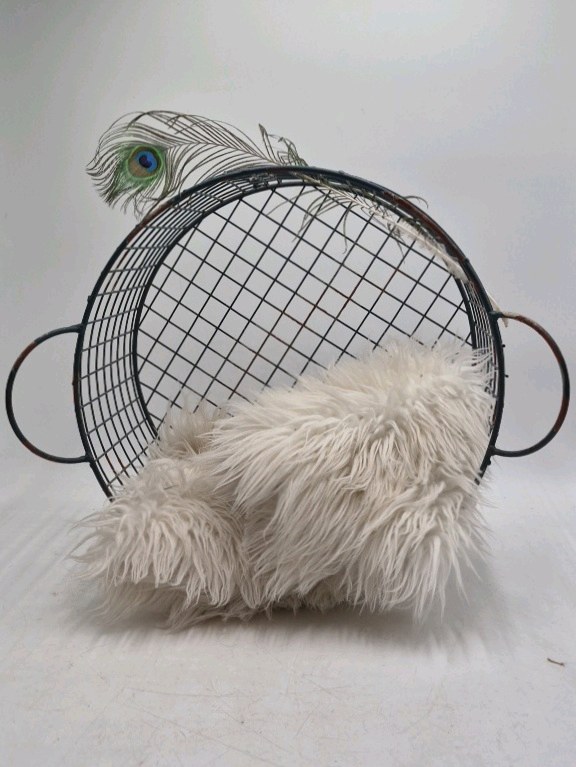 lot 247 image: Vintage Wire Egg Basket with Faux Fur Liner and Peacock Feather