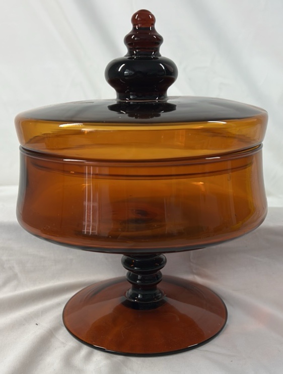 lot 265 image: Vintage Amber Glass Covered Compote
