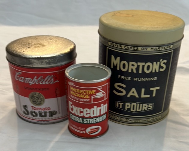 lot 289 image: Vintage Advertising Tins  Campbells, Excedrin, Mortons
