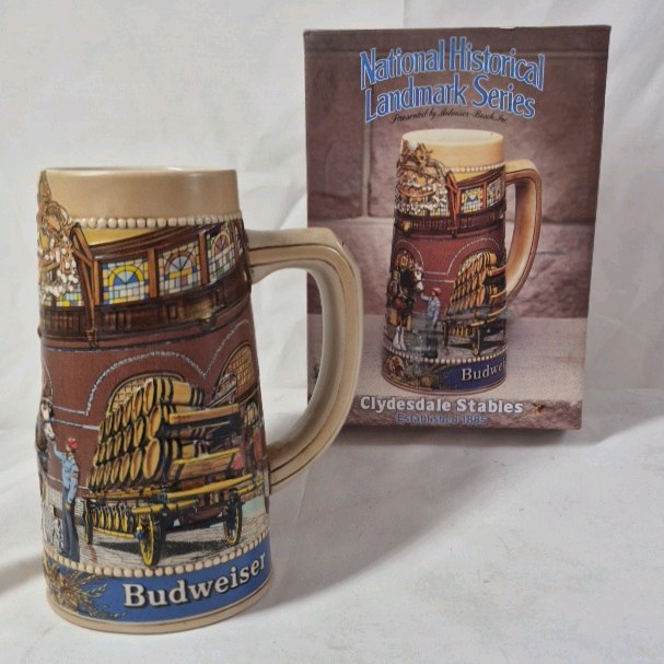 lot 3 image: 1987 Budweiser Stein  National Historical Landmark Series Clydesdale Stables Description Ceramic beer