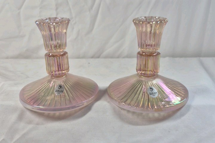 lot 48 image: Vintage Iridescent Glass Candlestick Holders  Pink Fenton Handmade USA