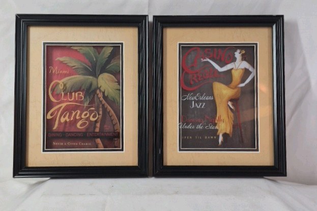 lot 5 image: Framed Vintage-Style Art Prints  Miami Club Tango and Casino Rouge New Orleans Jazz