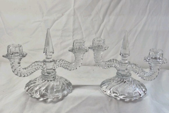 lot 50 image: Vintage Crystal Candelabra Pair  Three-Arm with Twisted Branches