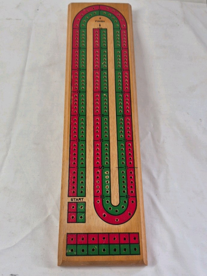 lot 6 image: Vintage Wooden Cribbage Board  U-Shaped Track with Painted Scoring Lanes