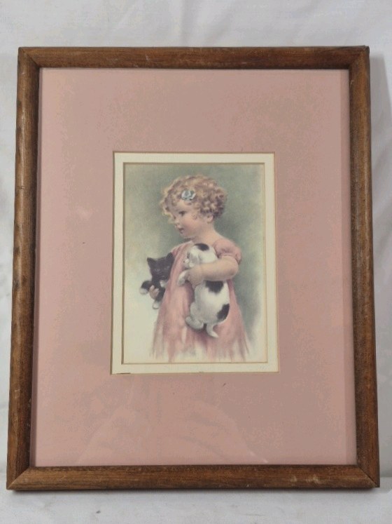 lot 7 image: Framed Vintage Print  Child with Kitten and Black Cat