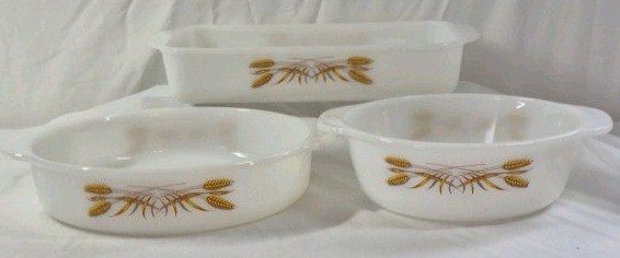 lot 72 image: Vintage Fire King Milk Glass Bakeware  Golden Wheat Pattern