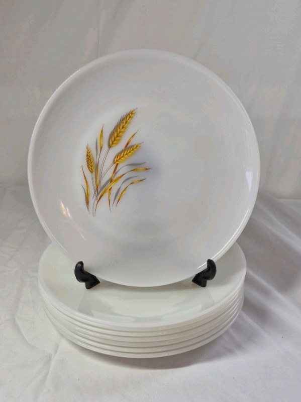 lot 73 image: Vintage Fire King Milk Glass Plates  Golden Wheat Pattern