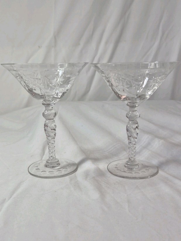 lot 85 image: Pair of Etched Crystal Champagne Coupes