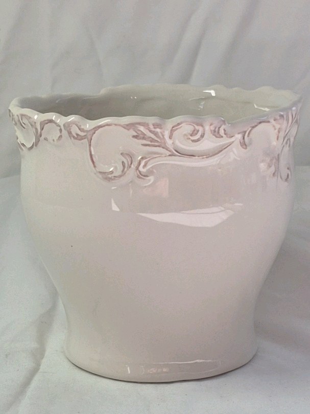 lot 86 image: Ceramic Cachepot Planter  Pink Scroll Design