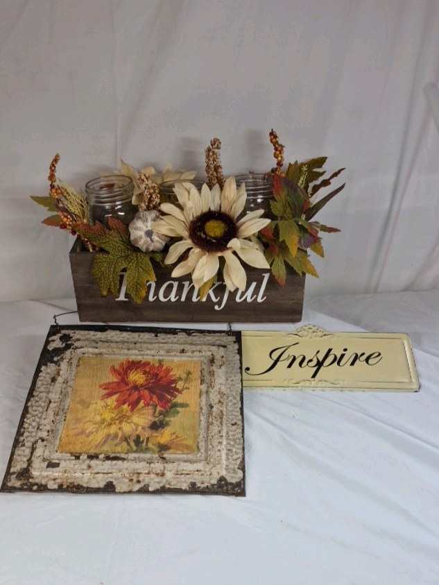 lot 89 image: Thankful Wooden Planter Box with Floral Arrangement