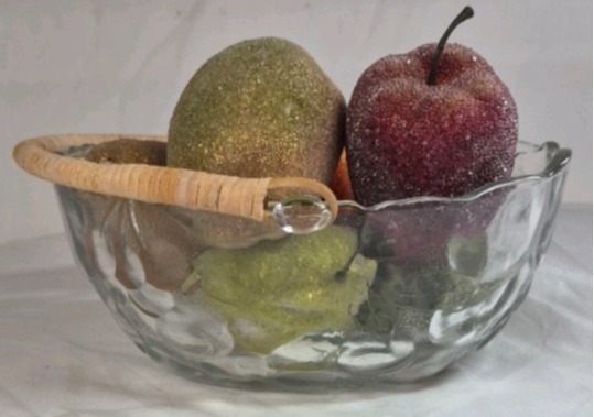 lot 91 image: Vintage Glass Fruit Bowl  Embossed Fruit Design with Rattan Handle