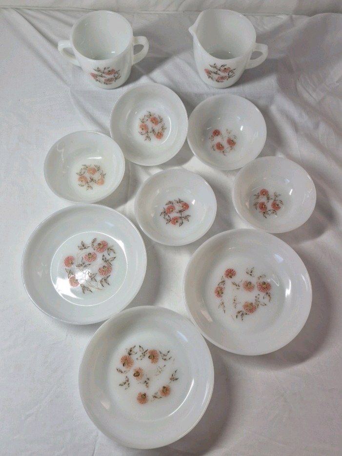 lot 96 image: Vintage Fire-King Ware Milk Glass Dishes  Pink Floral Pattern