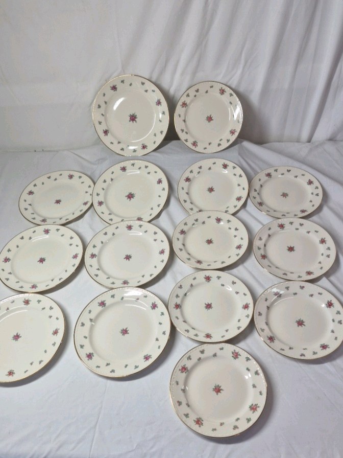 lot 99 image: Vintage Porcelain Dinner Plates  Rambler Rose Pattern with Pink Floral Centers