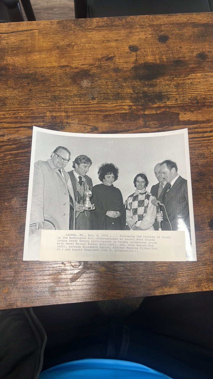 1976 original photograph featuring jockey sandy holly, actress Elizabeth Taylor plus others at laurel race course