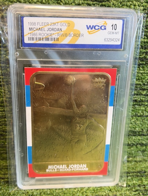 lot 10 image: 1998 Fleer 23KT Gold Michael Jordan 1986 Rookie Red White Blue Border graded GEM  MT10