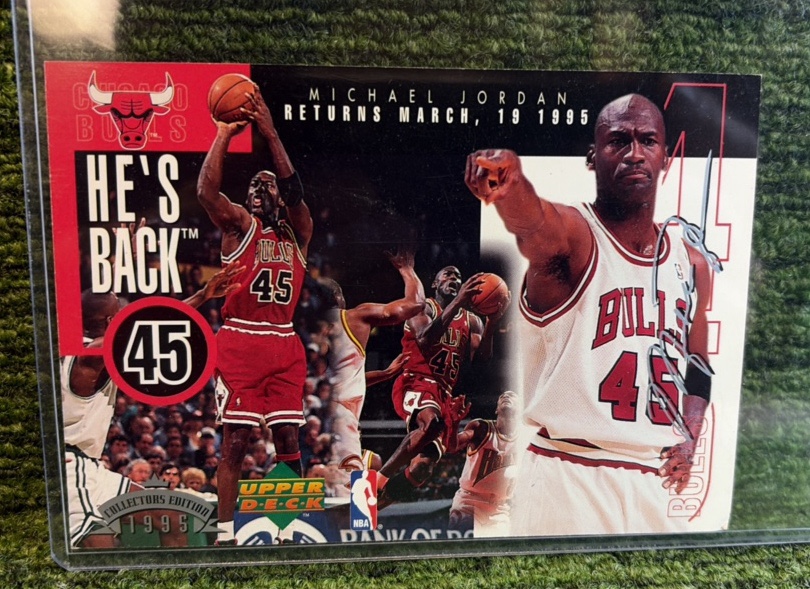 lot 107 image: 1995 Upper Deck Hes Back ... Michael Jordan Jumbo Card 3.5 x 5